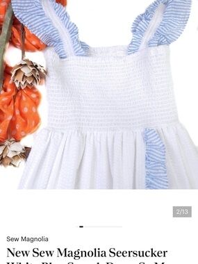 New Sew Magnolia Seersucker White Blue Smock Dress Sz M